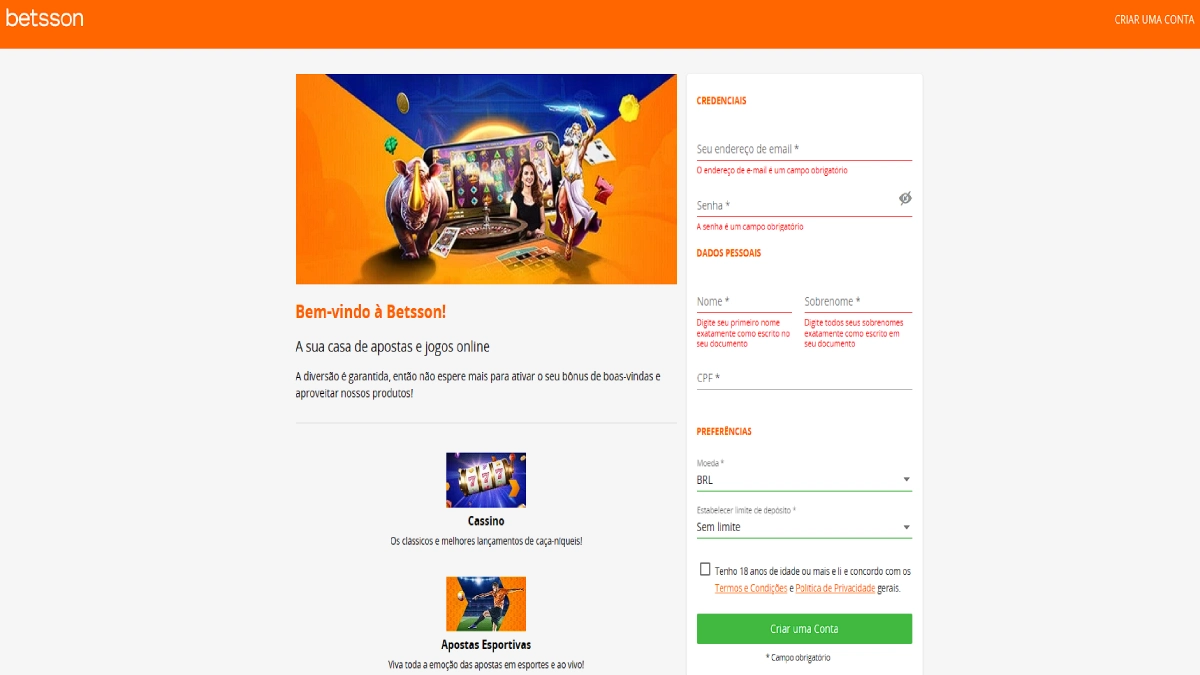 criar conta betsson