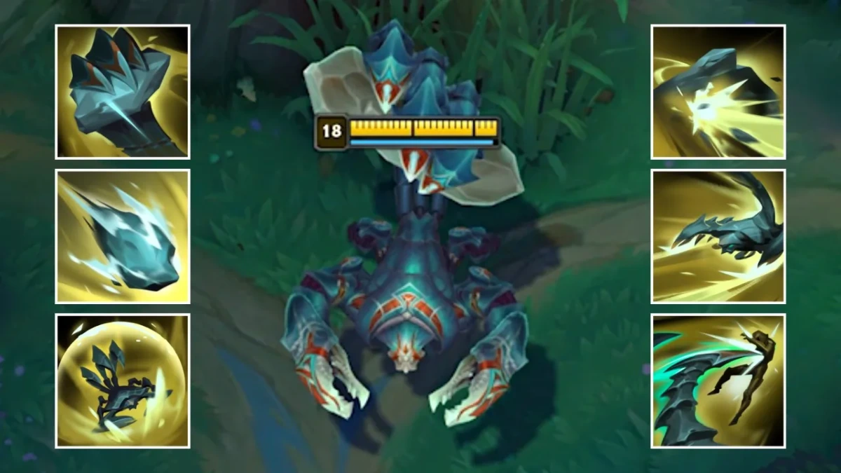 O jogo LoL com o campeão Skarner e ícones de suas habilidades ao lado.