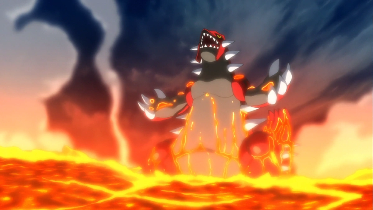Pokémon Groudon em meio a lava vulcânica