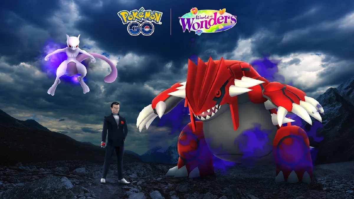 Pokémon Groundon, Mewtwo e Giovanni em fundo tempestuoso