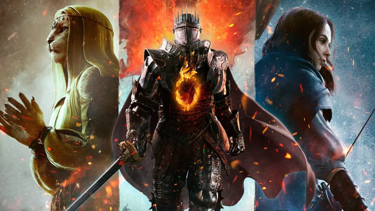 Poster oficial do Dragons Dogma 2 com uma persongem Letoriana a esquerda, um cavaleiro no centro e uma feiticeira a direita.