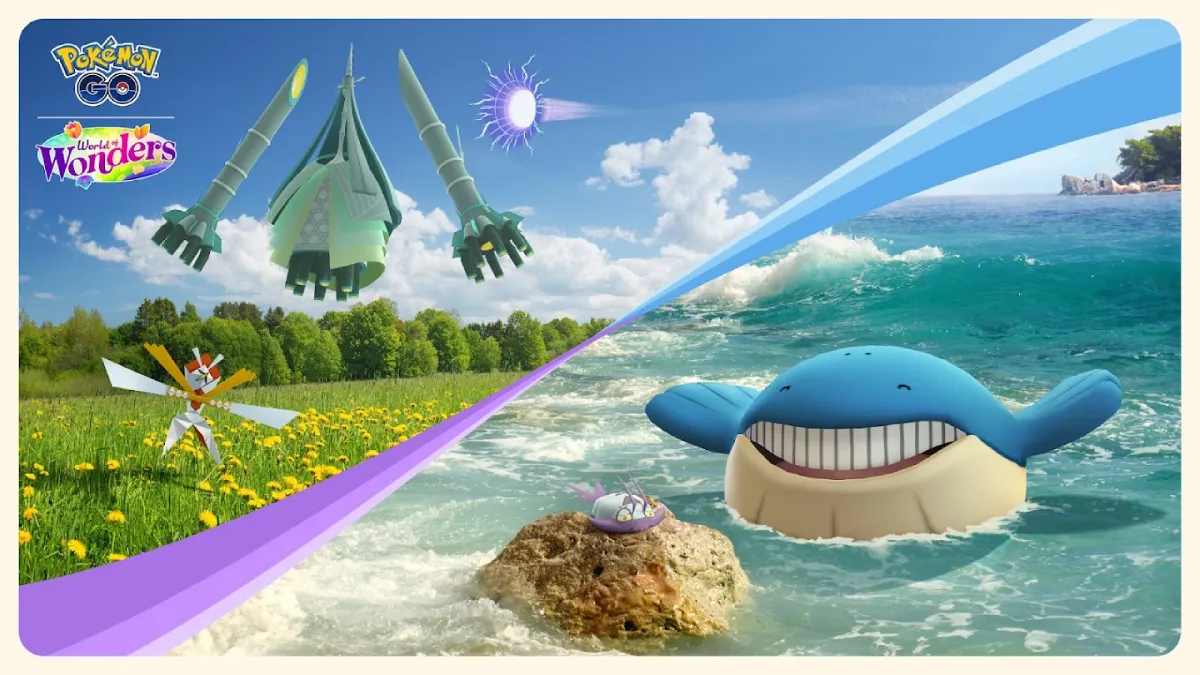 Poster evento Pequenas e Grandes Surpresas com os Pokémons Wailmer, Celesteela e Kartana.
