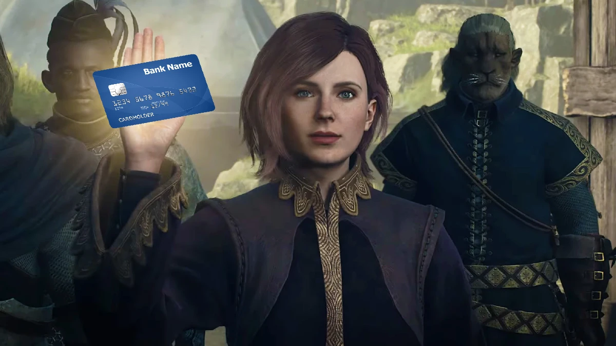 Personagem de Dragon's Dogma 2 segurando um cartão de crédito.