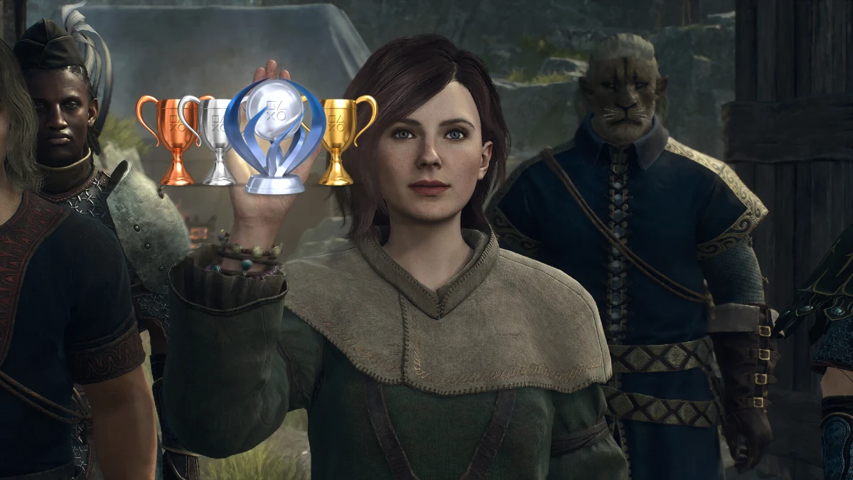 Luksa de Dragon's Dogma 2 segurando Trofeus do PlayStation