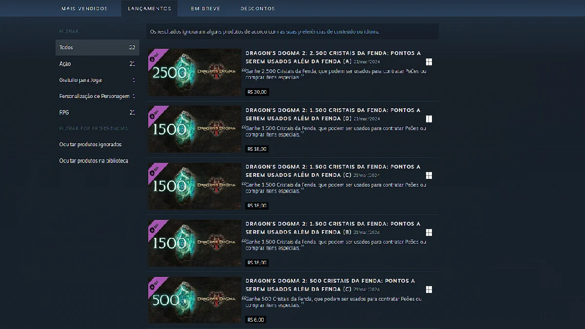 Página de microtransações de Dragon's Dogma 2 na Steam.