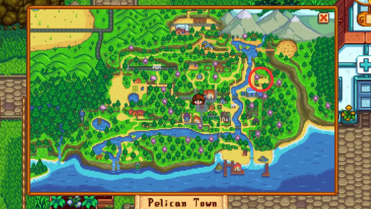 Mapa de Stardew Valley com marcação do local do Vendedor de Livros