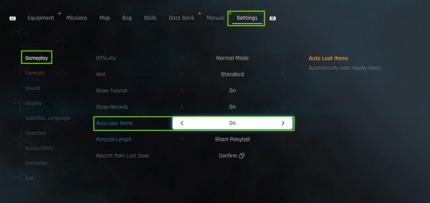 Menu de configurações em Stellar Blade