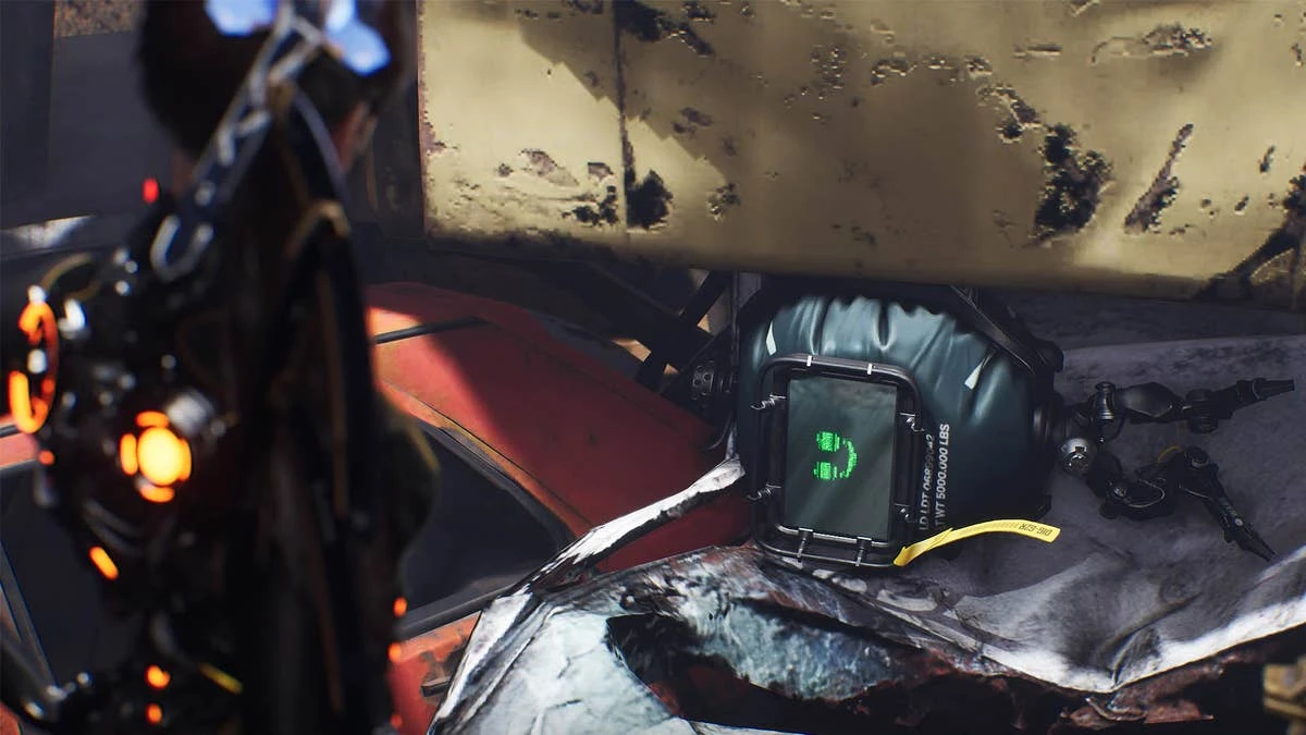 Eve em Stellar Blade olhando para um item abaixo