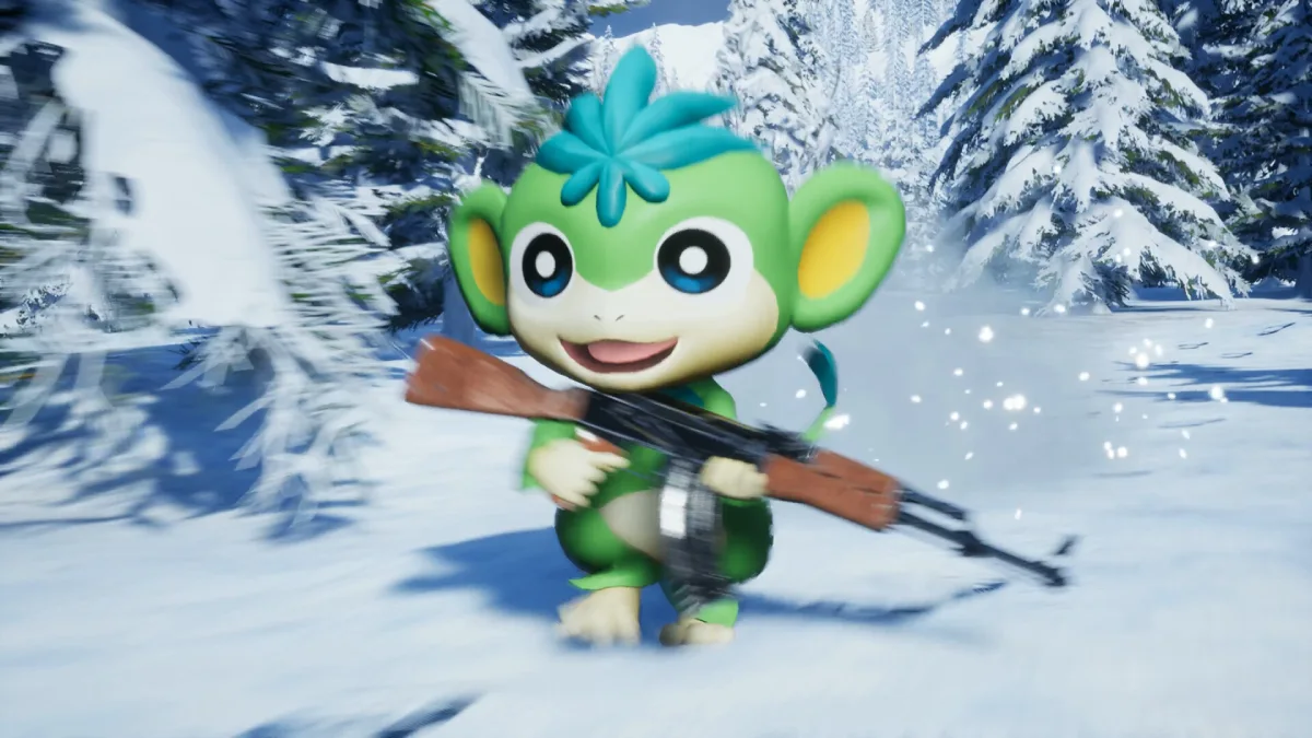 personagem de palworld com ak47 na mão