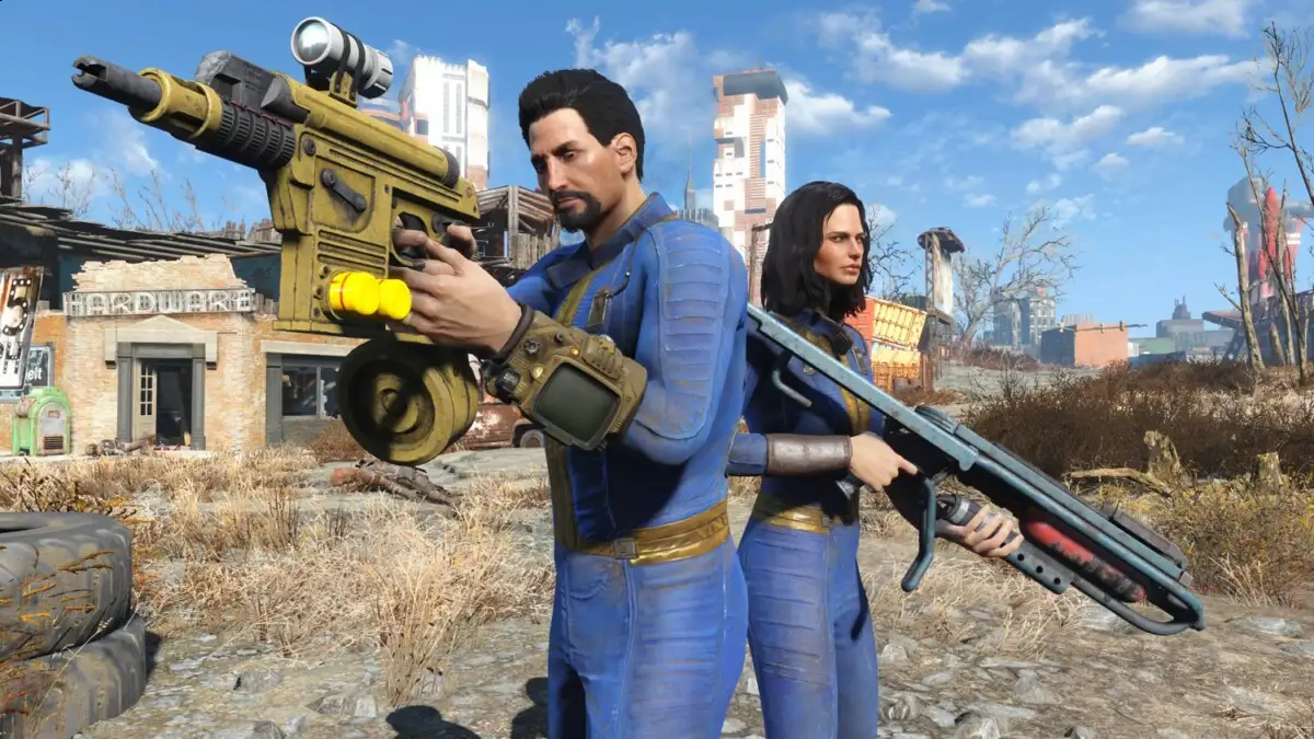 Um homem e mulher com armas na mão no jogo Fallout 4