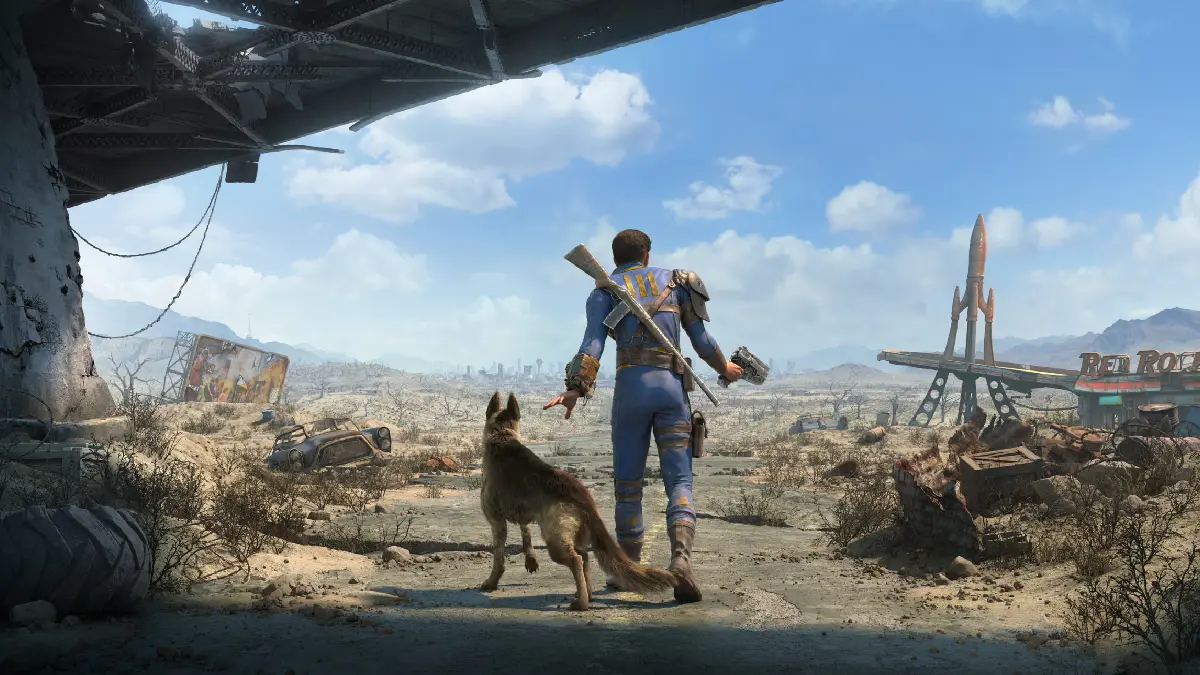 Um homem e um cachorro no jogo Fallout 4