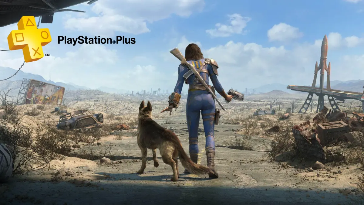 Personagem principal de Fallout 4 com cachorro e simbolo da PS Plus