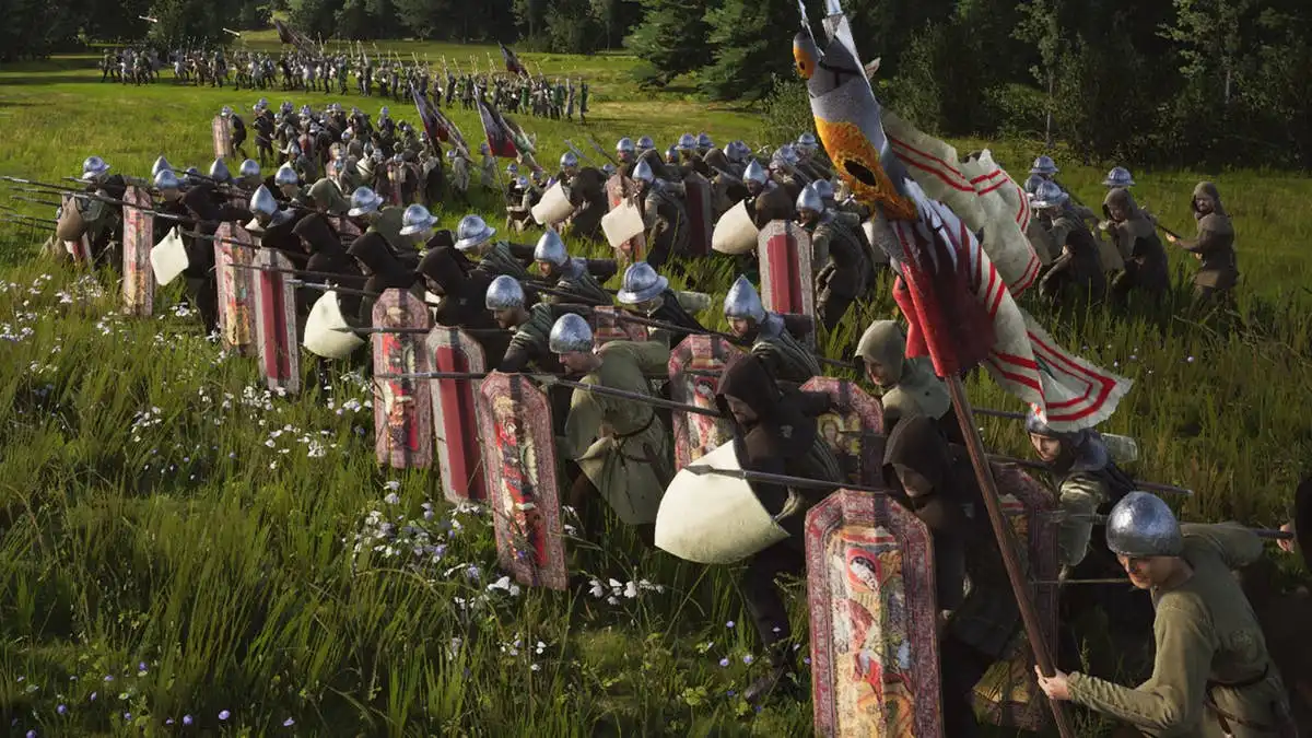 Guerreiros lutando em um campo no jogo Manor Lords