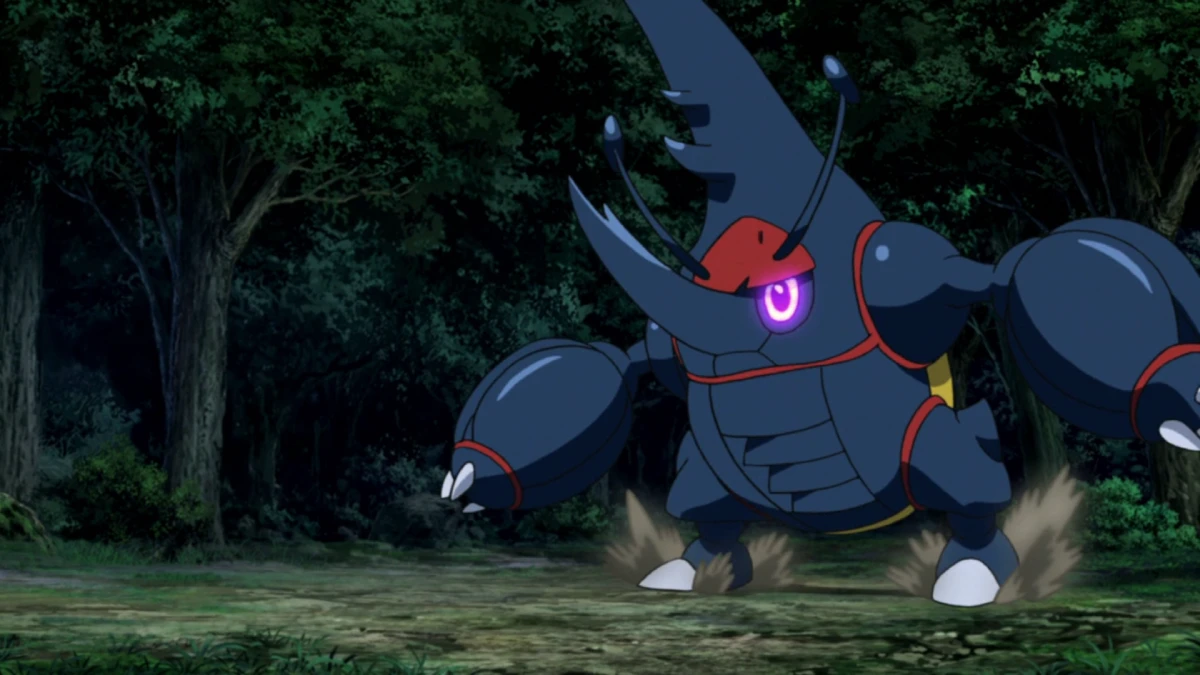 Mega Heracross no no anime Pokémon dentro de uma floresta.