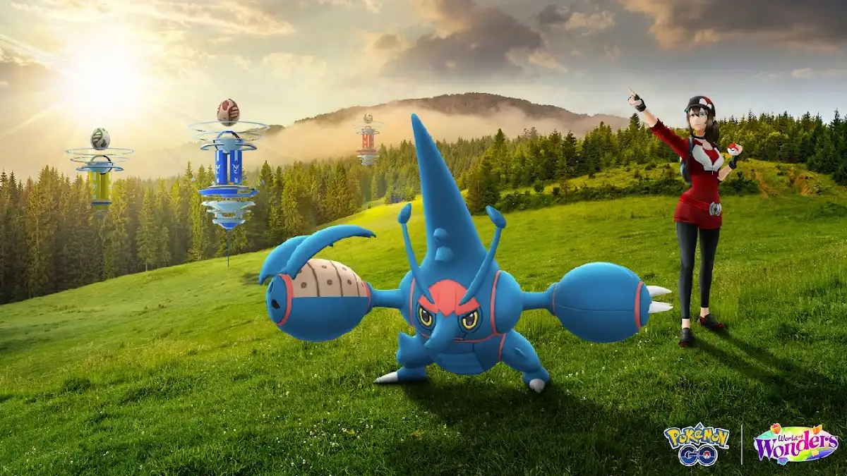 Divulgação do evento de Reideis Mega Heracross no Pokémon GO, com Mega Herracross e treinadora em um campo verde