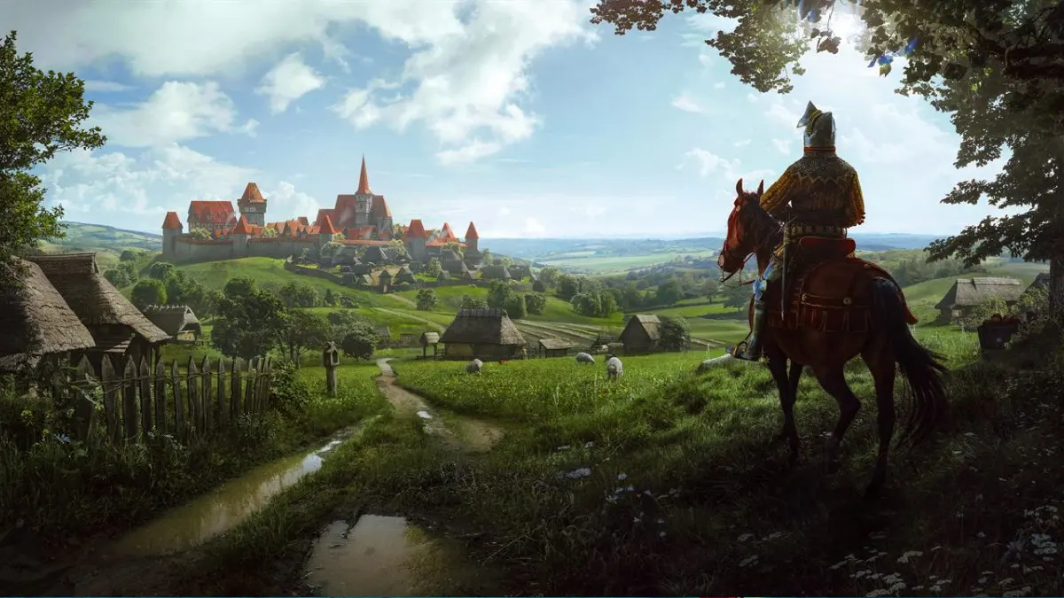 Homem montando em um cavalo olhando um castelo ao fundo