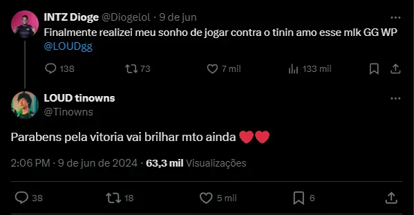 Tweet entre o Dioge e o Tinows