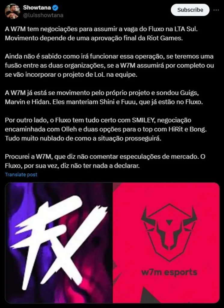 Postagem do Luis Showtana, sobre a possibilidade da compra da vaga do Fluxo pela w7m, para a LTA Sul
