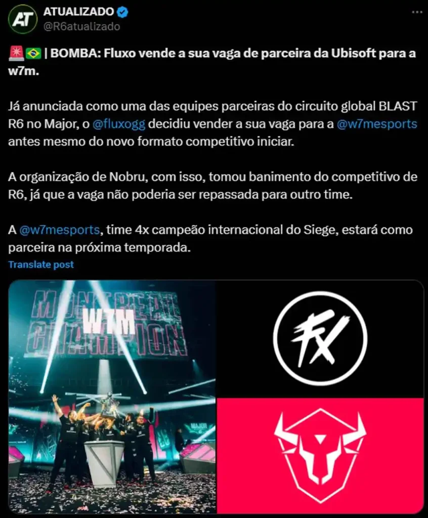 Postagem com a noticia da compra da vaga do Fluxo, pela w7m, no sistema de parceiros da Ubisoft