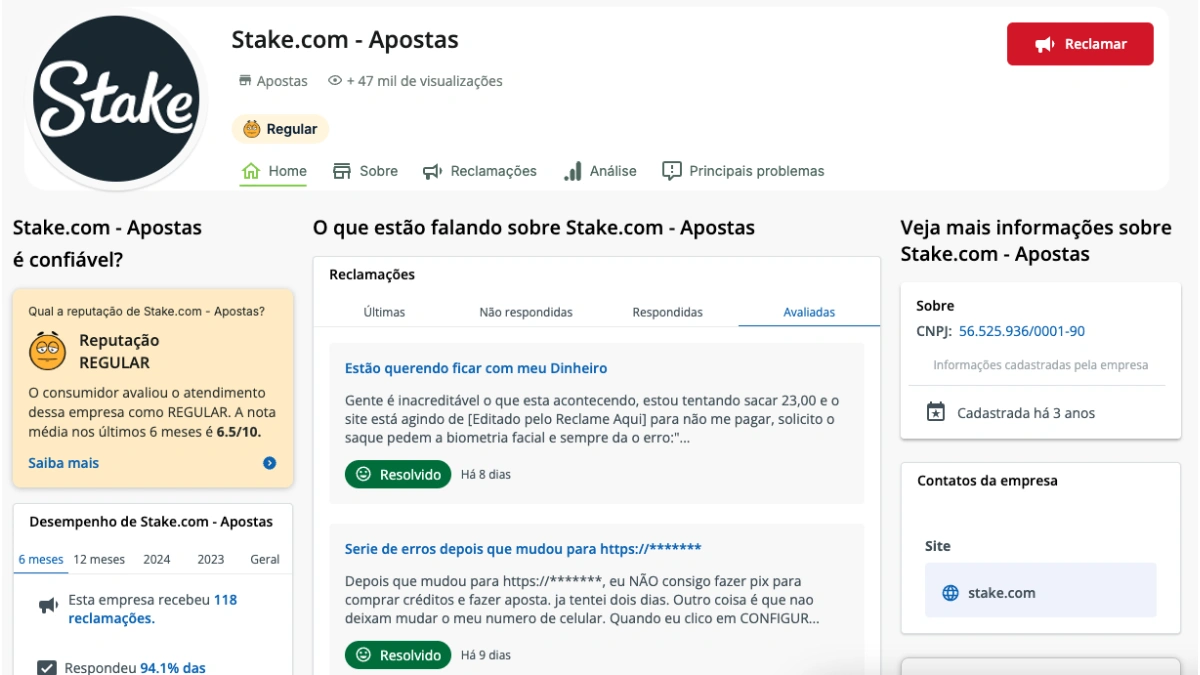 Perfil da Stake.com no Reclame aqui