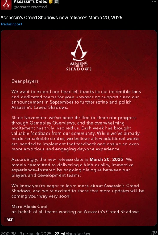 Asssasin's Creed Shadows adiado