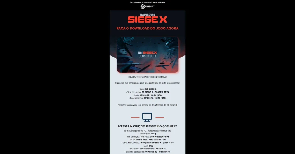 Email da Ubisoft, confirmando a participação no Rainbow Six Siege X e as especificações