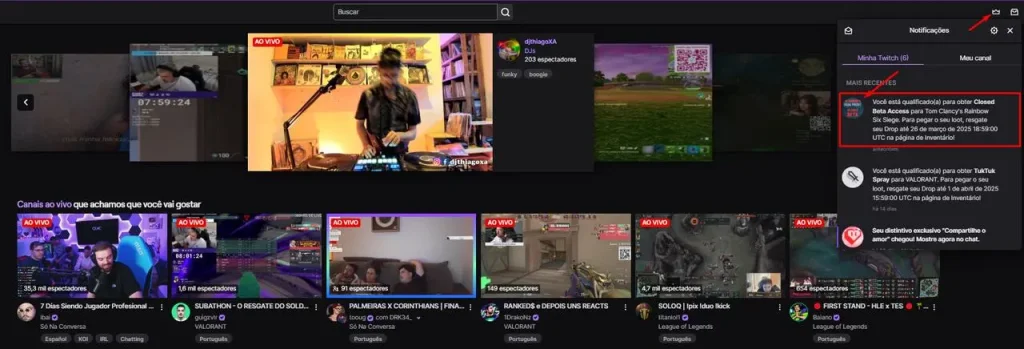 Local onde vai ficar notificado sobre o drop do Rainbow Six Siege X, na Twitch