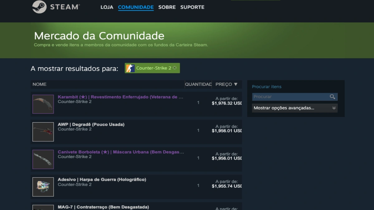 Onde comprar skins no CS2 - Mercado Steam