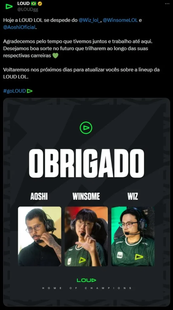 Tweet de despedida da LOUD LoL