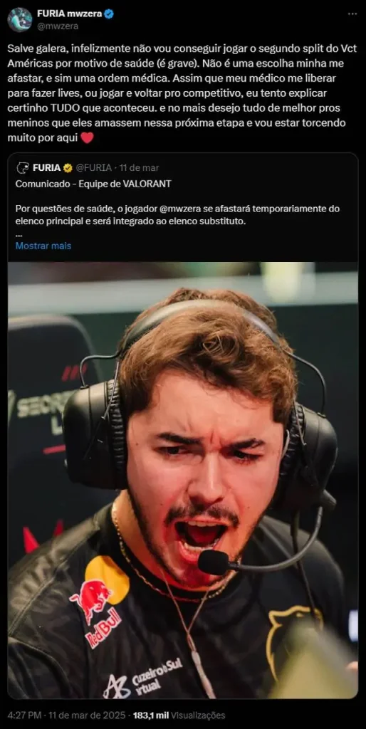Postagem do mwzera em sua rede social X, sobre o seu afastamento