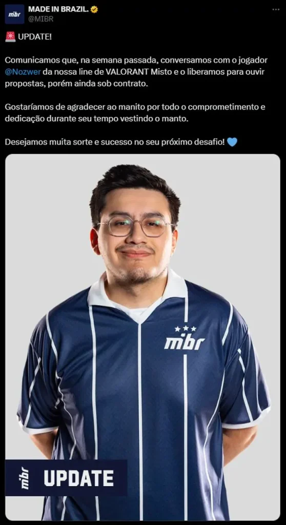 Tweet do MIBR sobre a saída do nzr