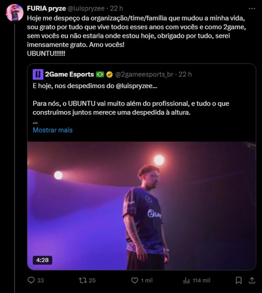 Postagem do pryze, sobre a sua saída da 2GAME