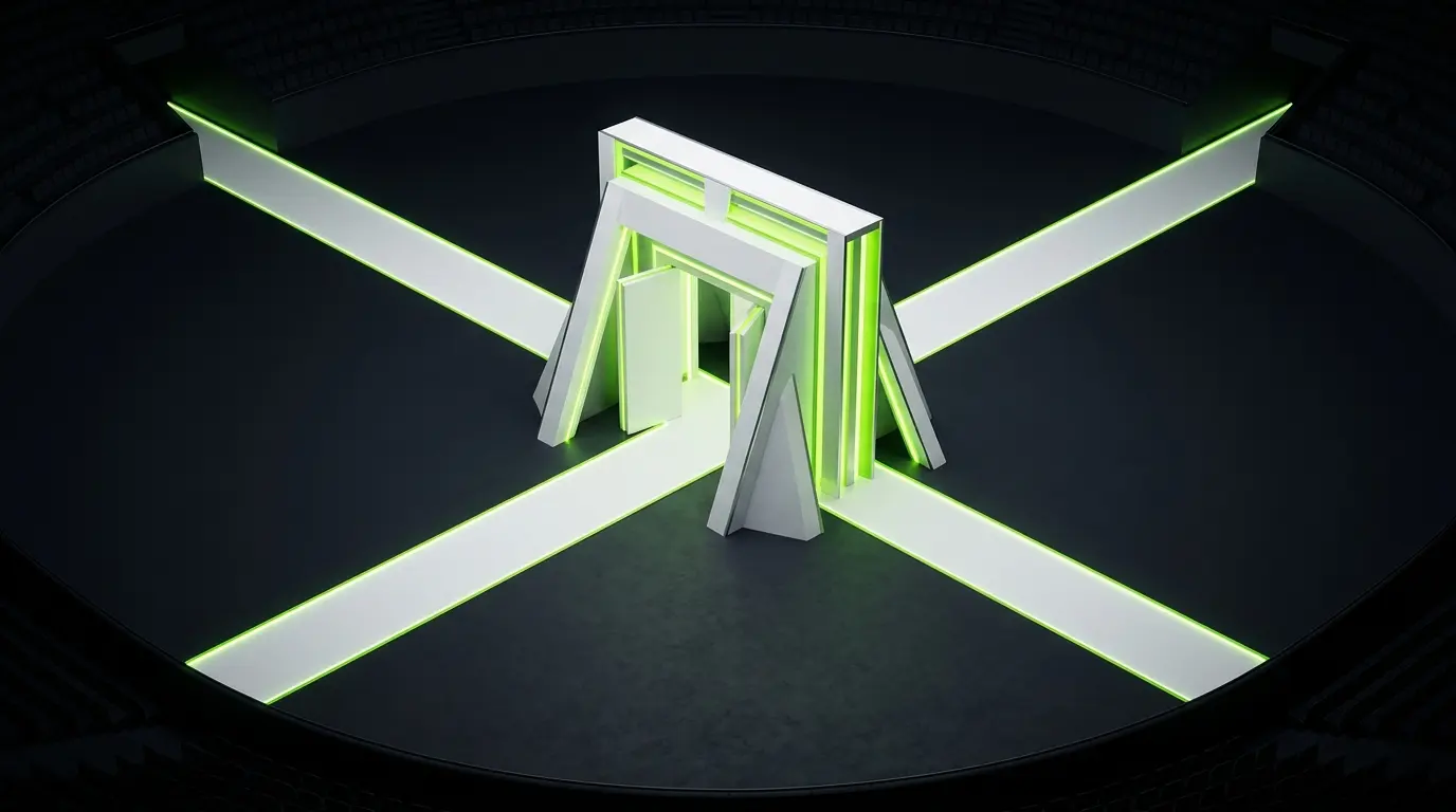 Esports arena with four paths converging on one neon-lit gateway for the Worlds Play-In