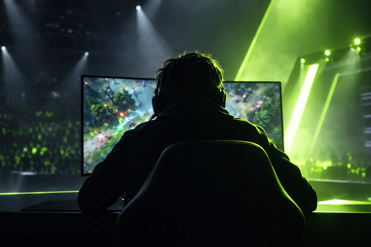 Esports-Spieler im Neonlicht während eines entscheidenden Dota-2-Comebacks von OG gegen BetBoom