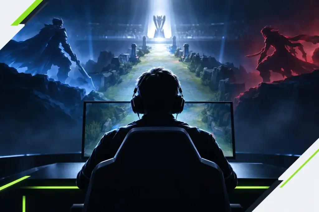 Anonymer Esports-Spieler auf der Toplane-Bühne vor einem abstrakten Worlds-Wettkampffeld