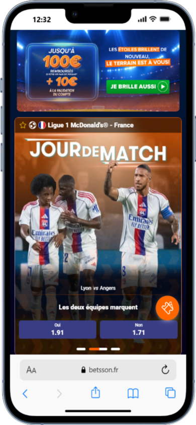 Section paris sportifs betsson avec mise en avant du match du jour, notamment avec l'OL