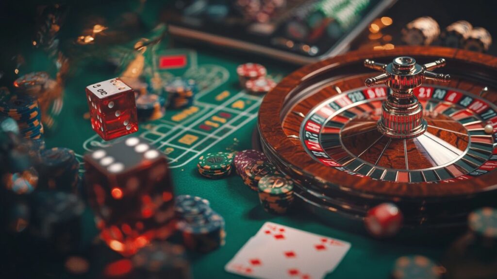 jeux de casino avec cartes, roulette, dés et table de jeu