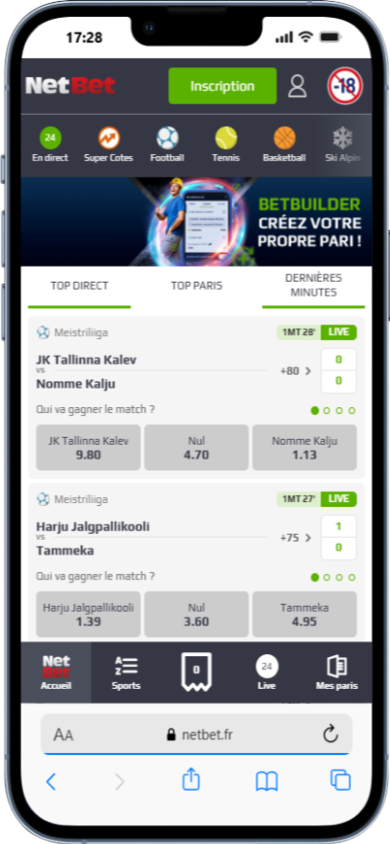 page principale de la section de paris sportifs de Netbet avec des paris live sur des matches de foot