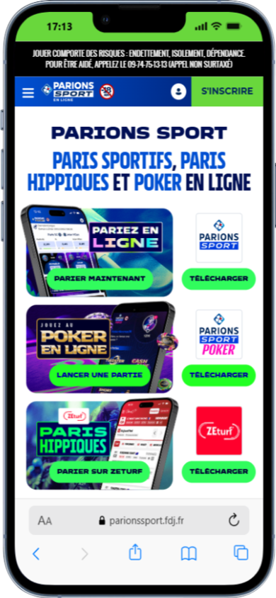 home page du site parions sport avec les détails des trois bonus de bienvenue poker, turf et paris sportifs