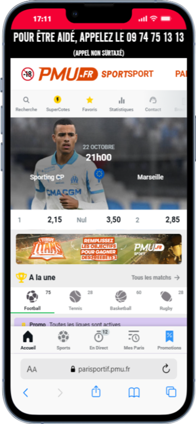 page d'accueil du site pmu dans la section sport avec en gros plan un joueur de Marseille