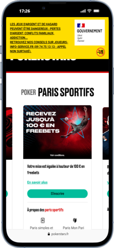 annonce du bonus de bienvenue de pokerstars sur sa section sport
