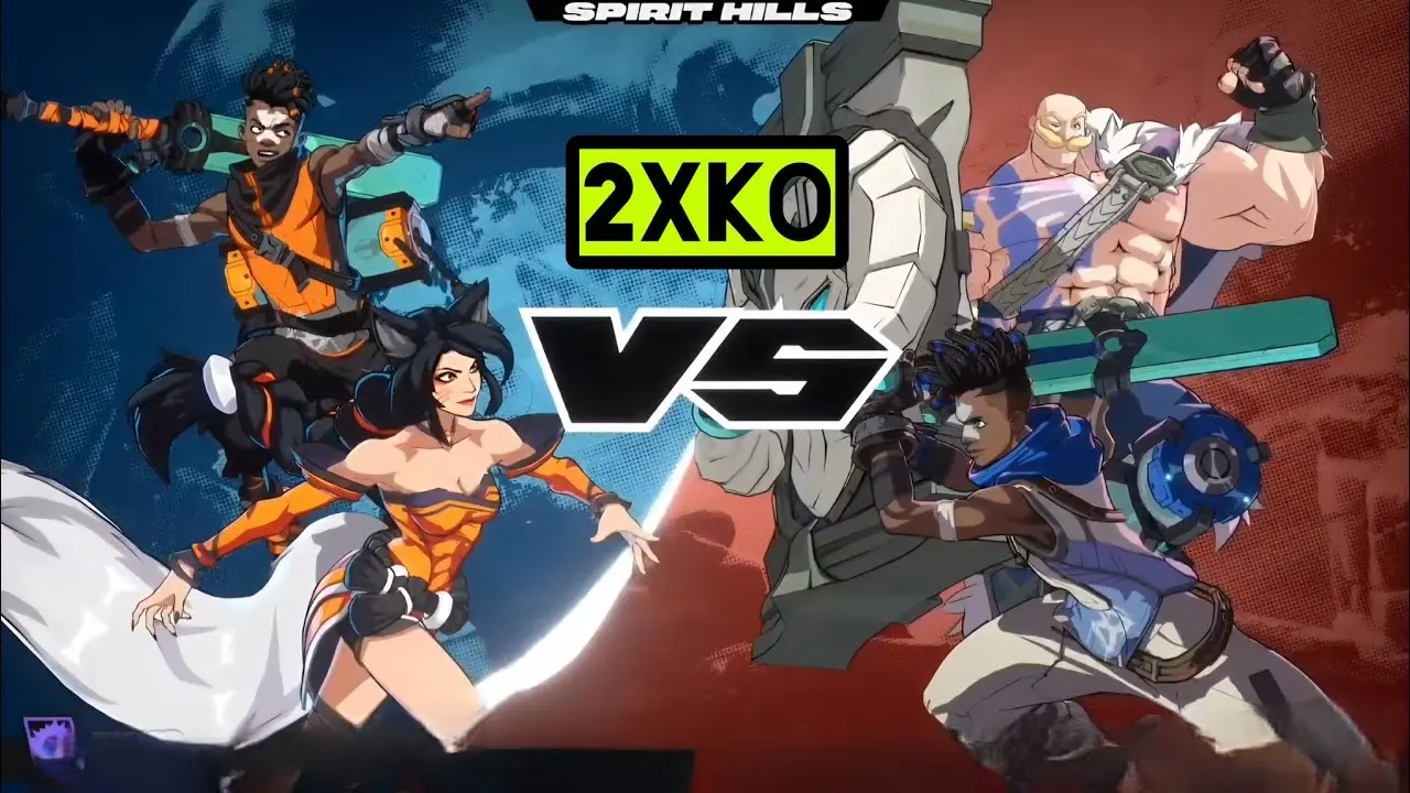 Art featuring characters from 2XKO in a versus match setting.