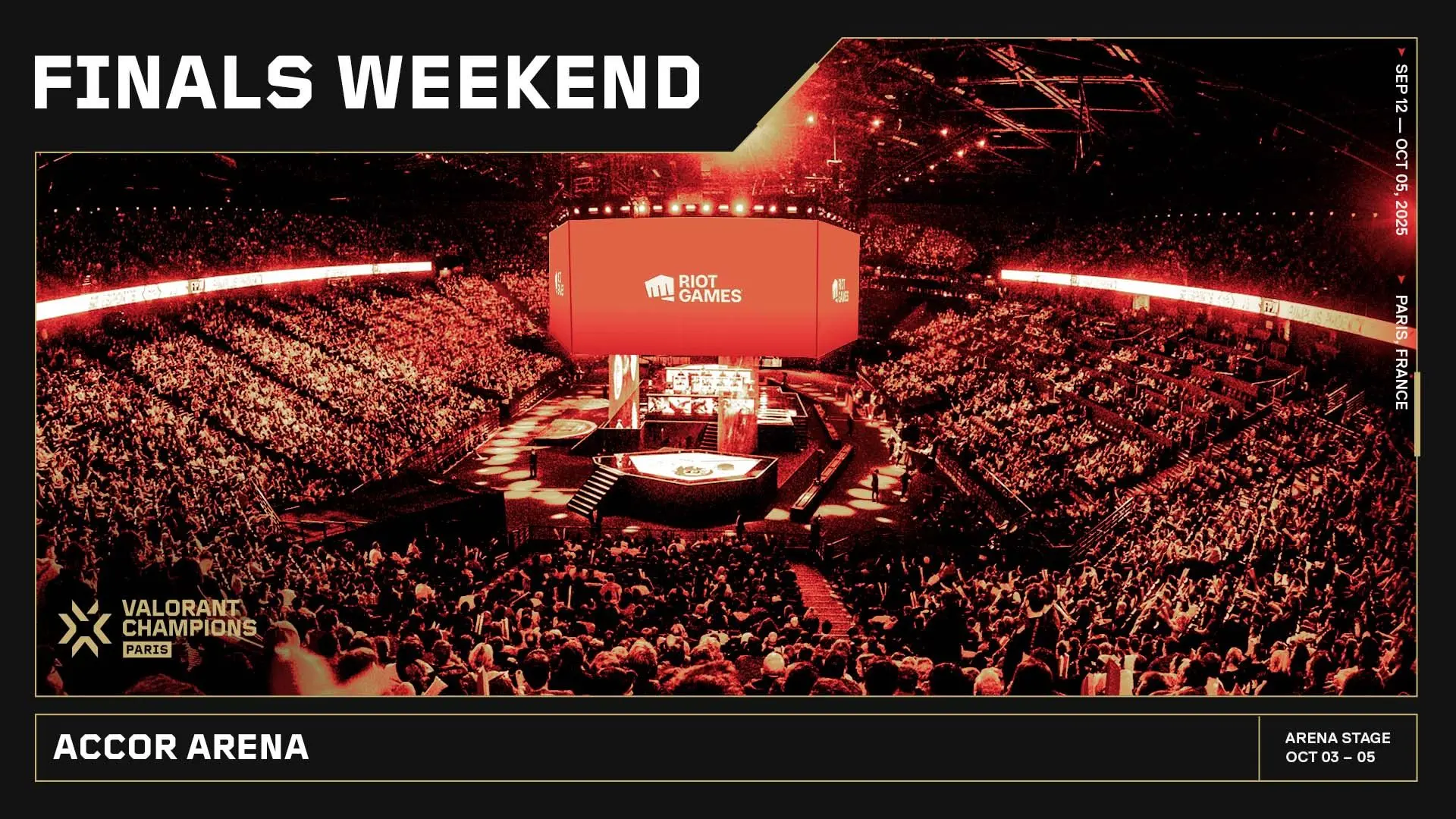 Packed arena during an esports event featuring Valorant Champions in Paris.