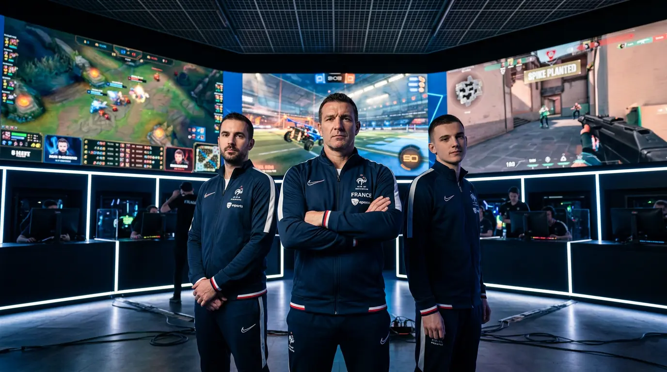 French esports coaches in national team gear at training facility with gaming monitors