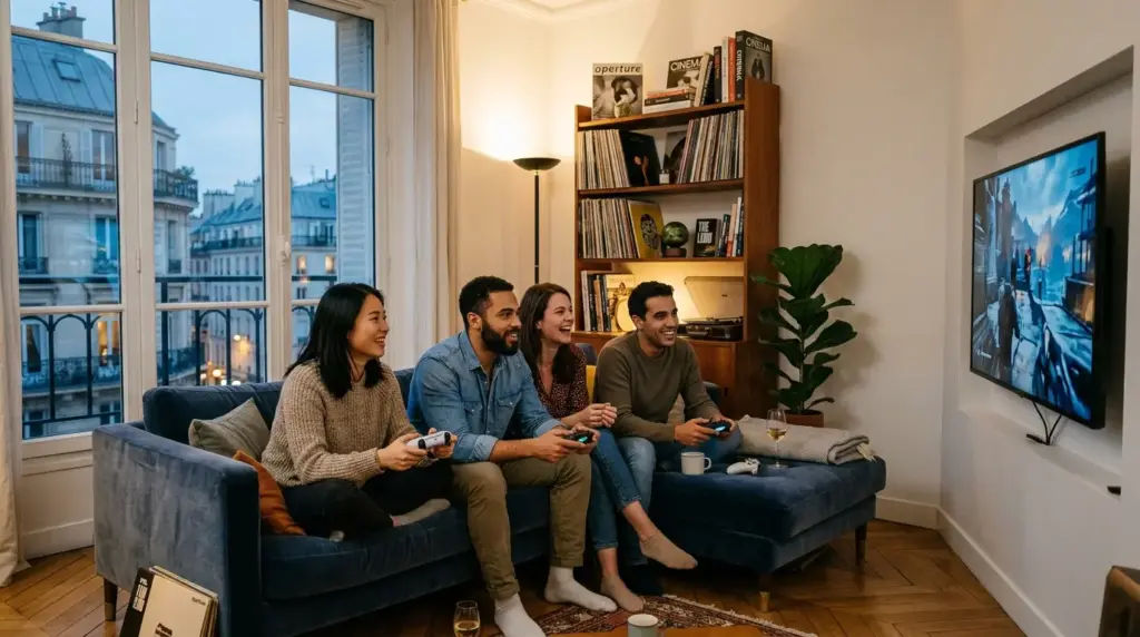 Young French adults gaming together in modern apartment, representing gaming as mainstream culture