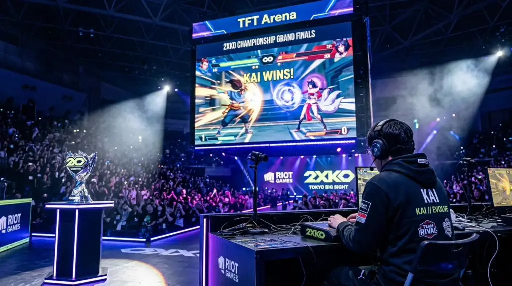 Esports competitor at 2XKO tournament stage at Evo Japan with crowd and screens