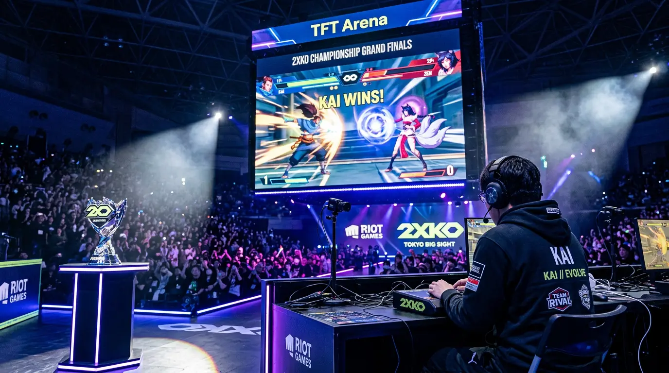 Esports competitor at 2XKO tournament stage at Evo Japan with crowd and screens
