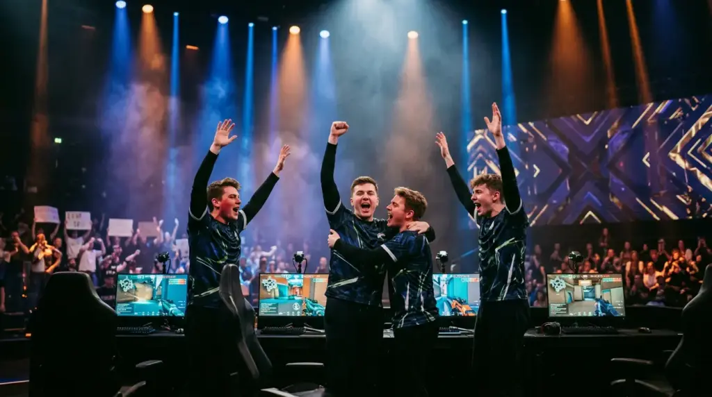 Joblife esports team celebrating VALORANT Challengers France championship victory on stage