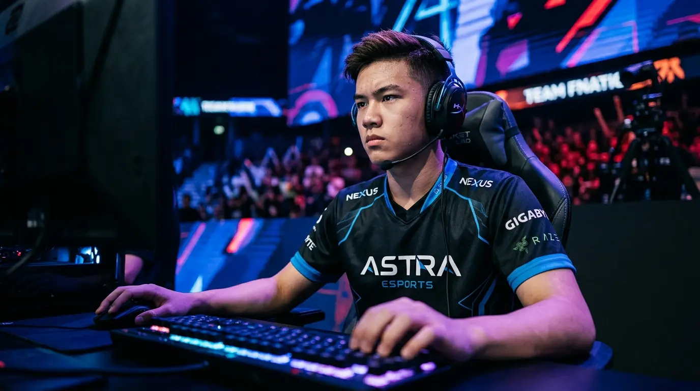 Professional esports player in gaming jersey with competitive expression and blue lighting