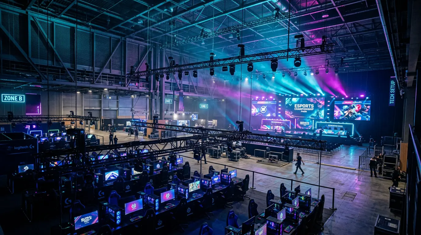 Massive Paris exhibition hall prepared for Esports World Cup 2026 with gaming stages and dramatic lighting